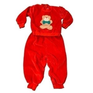 Vintage Baby Velour Red Teddybear Sweat Suit Sweater and Pants velvet Outfit